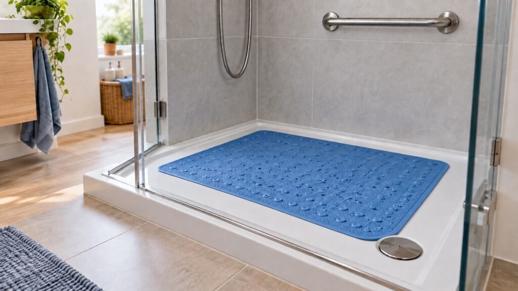 Blaue Antirutschmatte liegt vollständig flach in einer Dusche und lässt den Ablauf frei