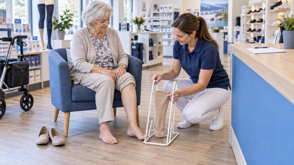 Seniorin lässt sich im Sanitätshaus die Nutzung einer Anziehhilfe für Kompressionsstrümpfe zeigen