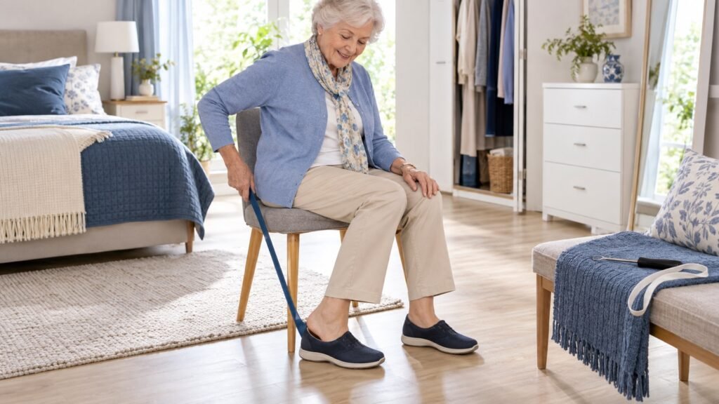 Seniorin zieht im Sitzen mit einem langen Schuhlöffel sicher einen Schuh an