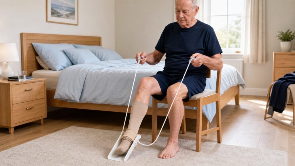 Senior zieht im Sitzen einen Kompressionsstrumpf mit einer Anziehhilfe an