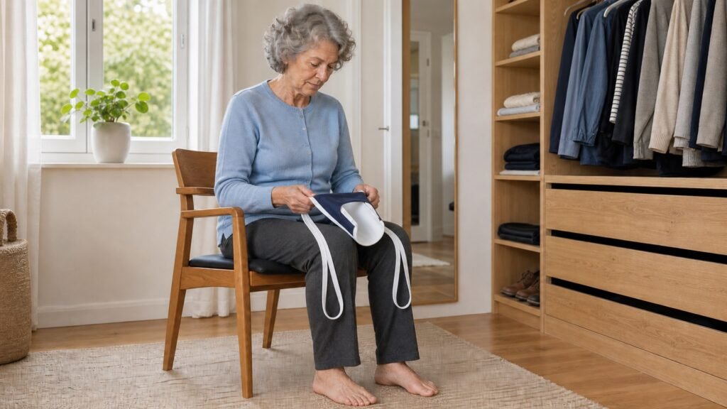 Seniorin bereitet im Sitzen eine Sockenanziehhilfe mit Zugbändern vor