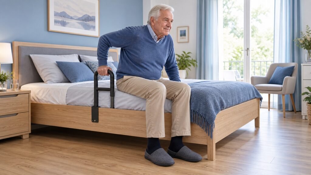 Senior steht mit einem seitlich neben dem Oberkörper montierten Bettgriff sicher vom Bett auf