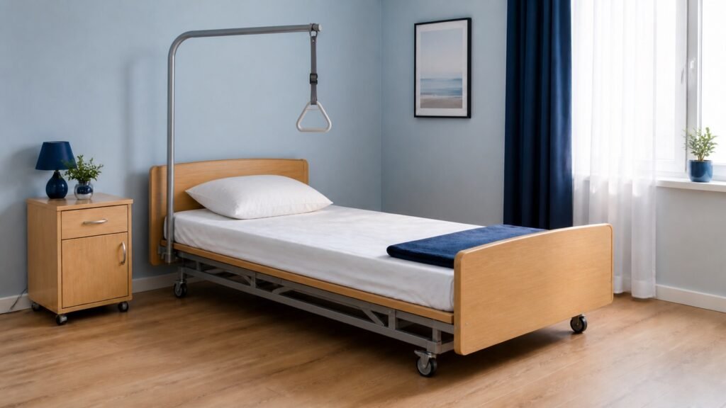 Pflegebett mit am Kopfende montiertem Bettgalgen und Triangelgriff in einem hellen Schlafzimmer