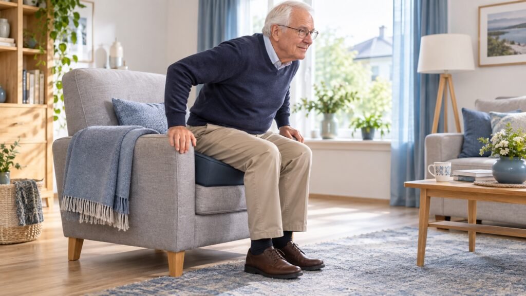 Senior steht mit beiden Füßen sicher vom erhöhten Sitzkissen eines stabilen Sessels auf