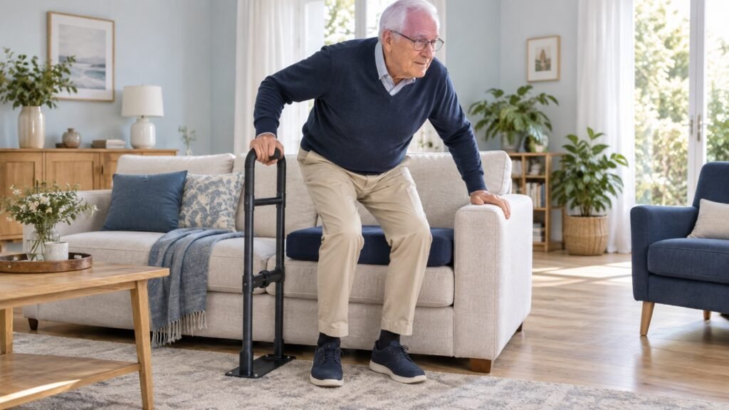 Senior steht mit Sitzerh\u00f6hung und seitlichem St\u00fctzgriff sicher vom Sofa auf