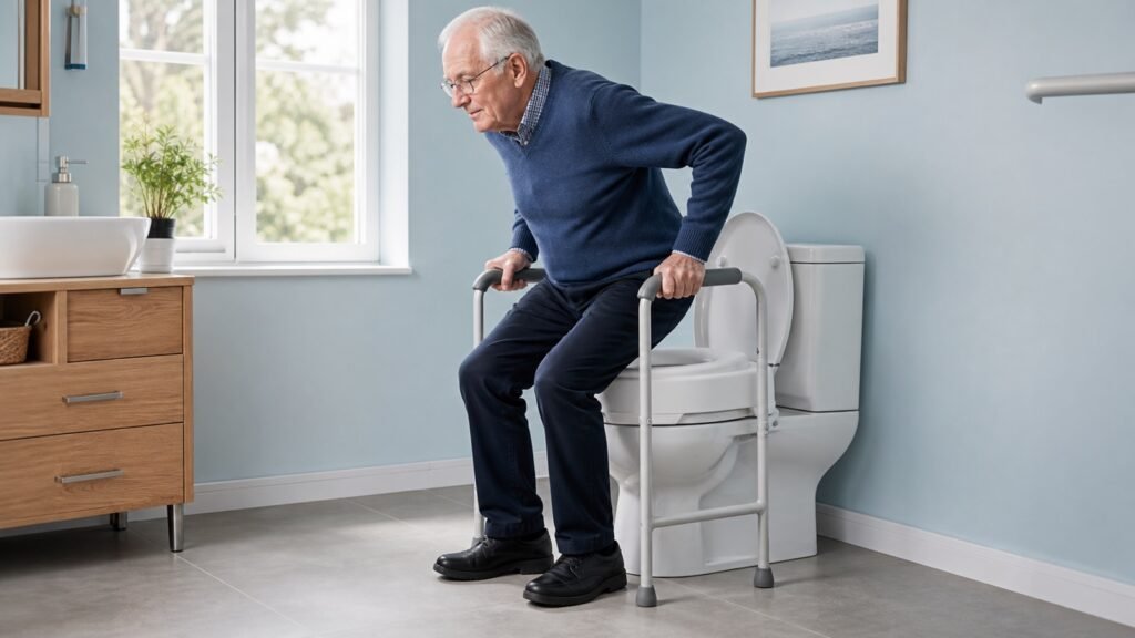 Senior nutzt eine Toilettensitzerhöhung mit stabilen seitlichen Stützgriffen zum Aufstehen
