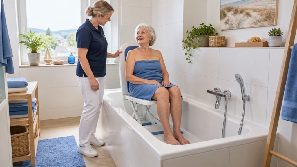 Seniorin sitzt sicher auf einem hochgefahrenen Badewannenlift, begleitet von einer Helferin