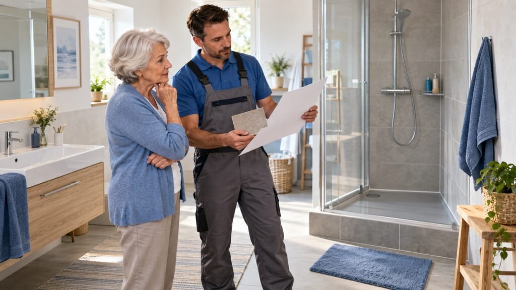Seniorin plant mit einem Handwerker den Umbau einer Dusche und betrachtet Plan und Fliesenmuster