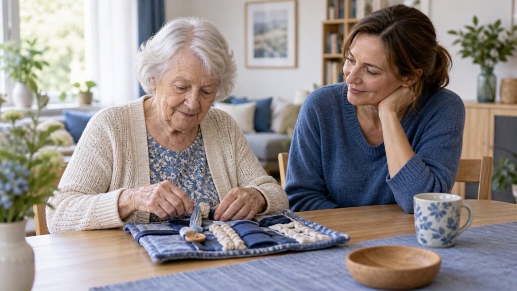 Seniorin beschäftigt ihre Hände mit einem Fühlkissen, begleitet von einer Angehörigen