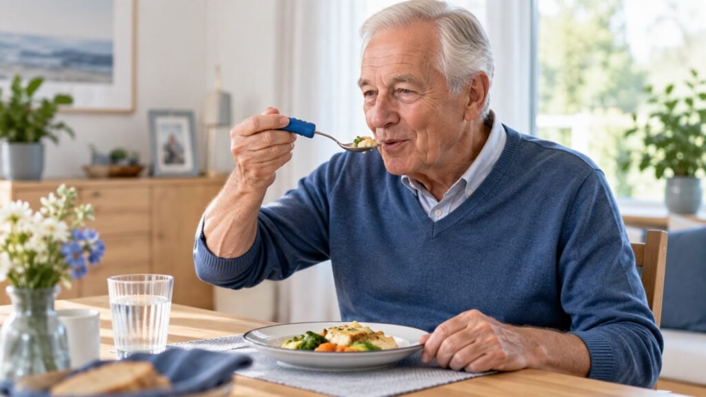 Senior isst selbstständig mit einem ergonomisch gebogenen Löffel mit verdicktem Griff