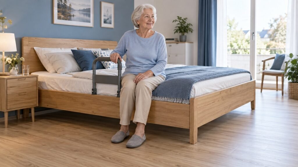 Seniorin sitzt neben einem kurzen Bettgriff mit vollständig freiem Bein- und Aufstehweg