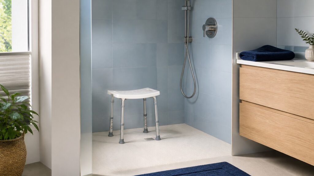 Höhenverstellbarer Duschhocker mit rutschfesten Füßen in einer bodengleichen Dusche