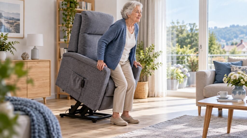 Seniorin steht mit beiden Füßen sicher aus einem elektrisch angehobenen Aufstehsessel auf