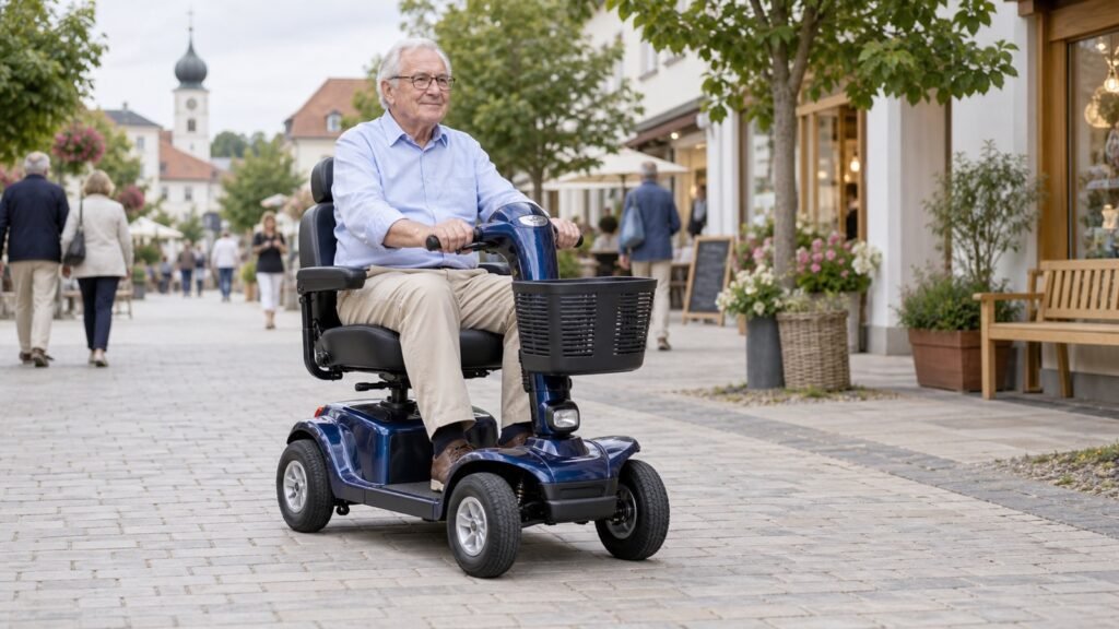 Senior fährt sicher mit einem vierrädrigen Elektromobil auf einem breiten Gehweg