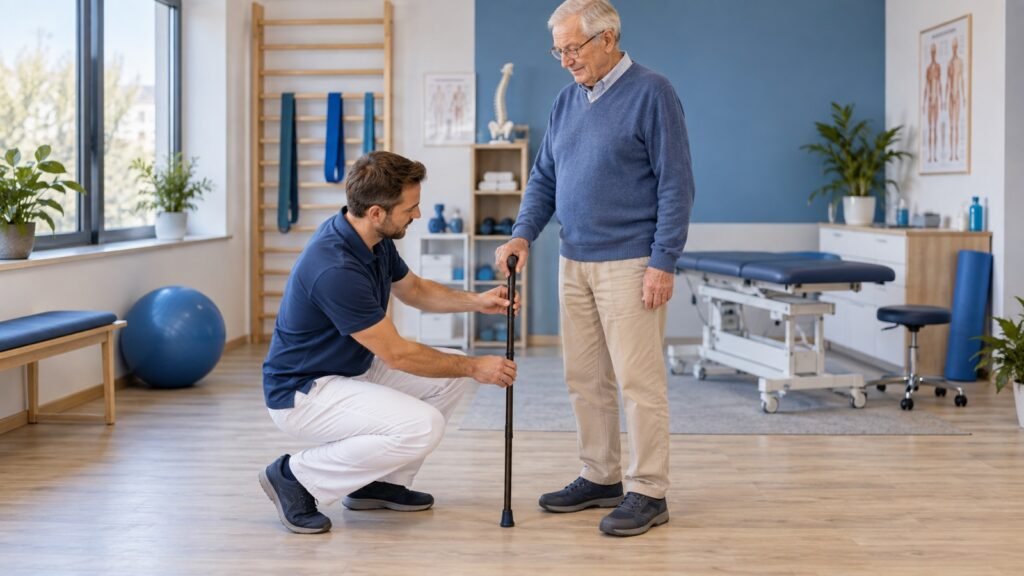 Therapeut stellt den Gehstock eines Seniors passend auf Höhe des Handgelenks ein