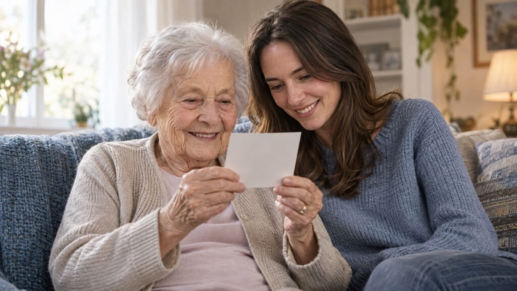 Seniorin und Enkelin betrachten ein Foto, dessen Motiv ihnen zugewandt ist
