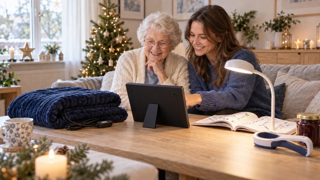 Seniorin und Enkelin betrachten einen zu ihnen ausgerichteten digitalen Bilderrahmen