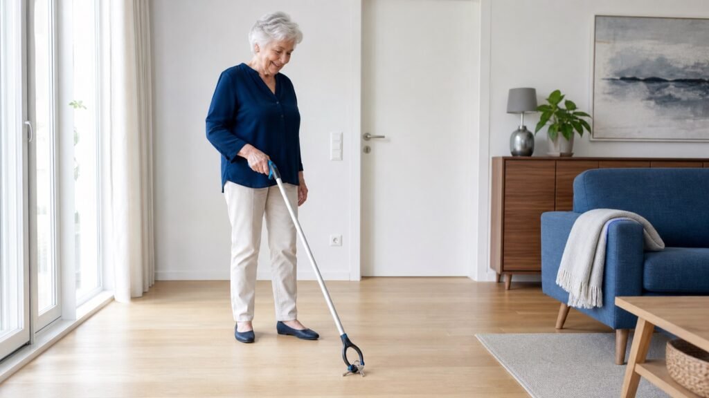 Seniorin hebt einen Schlüsselbund mit einer Greifzange vom Boden auf