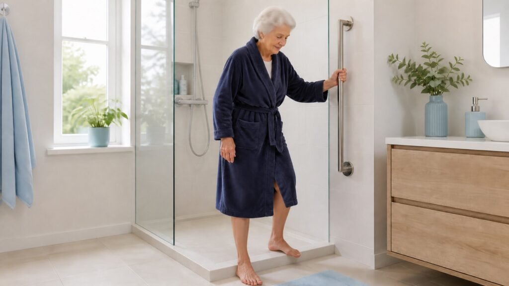 Seniorin hält sich beim Betreten der Dusche an einem fest montierten Haltegriff