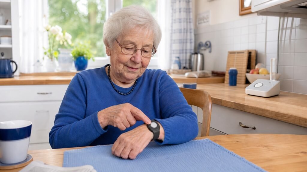 Seniorin betätigt den Notrufknopf an ihrem Handgelenk