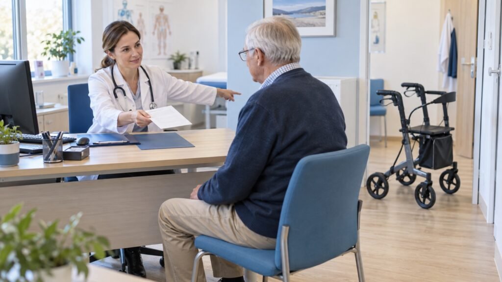 Ärztin übergibt einem Senior eine Verordnung für ein passendes Hilfsmittel