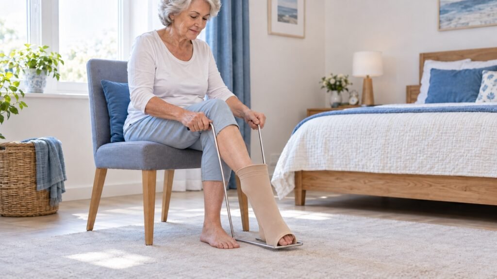 Seniorin zieht im Sitzen einen Kompressionsstrumpf mit einem einzelnen Anziehbügel an