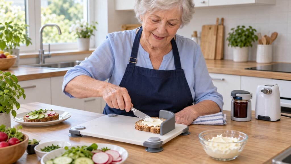 Seniorin bereitet mit einem rutschfesten Einhandbrett selbstständig eine Brotscheibe zu