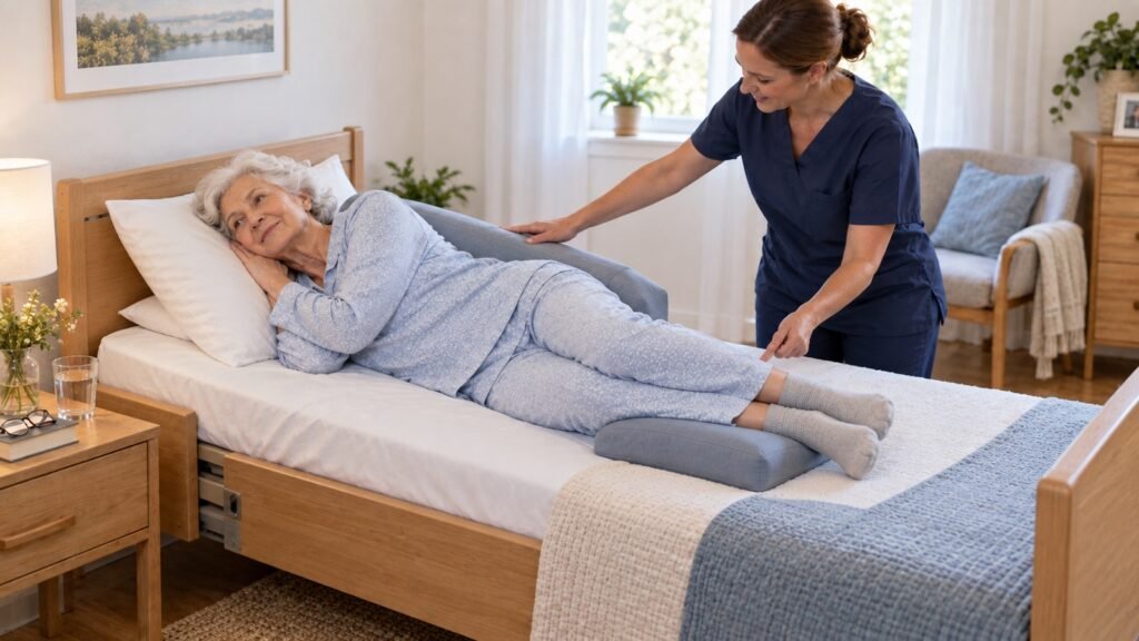 Normal große Seniorin liegt in einem Einzelbett mit Rückenkeil und frei gelagerten Fersen