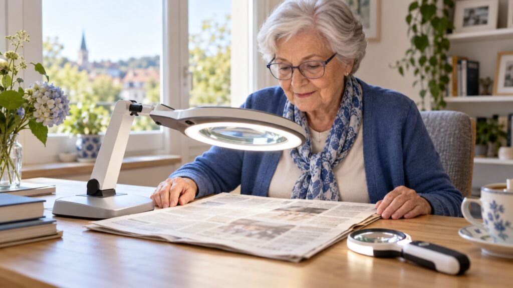 Seniorin liest eine Zeitung unter einer beleuchteten Standlupe