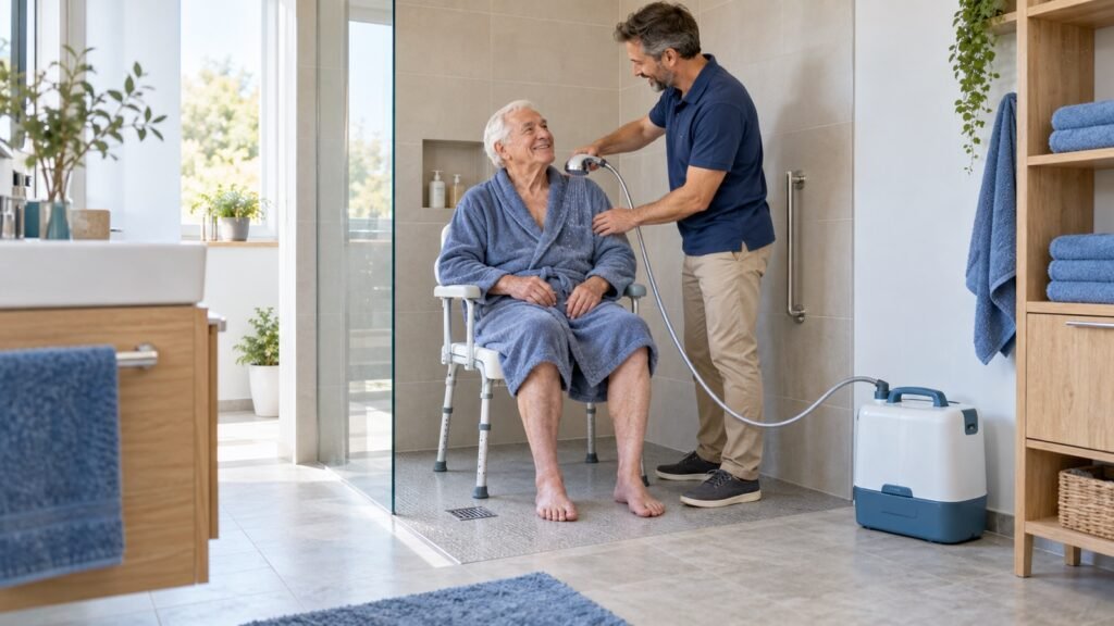 Senior auf einem Duschstuhl bei der sicheren Nutzung einer mobilen Dusche mit Unterstützung