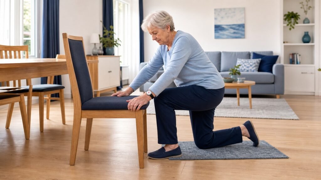 Seniorin stützt sich beim Aufstehen vom Boden sicher an einem stabilen Stuhl ab