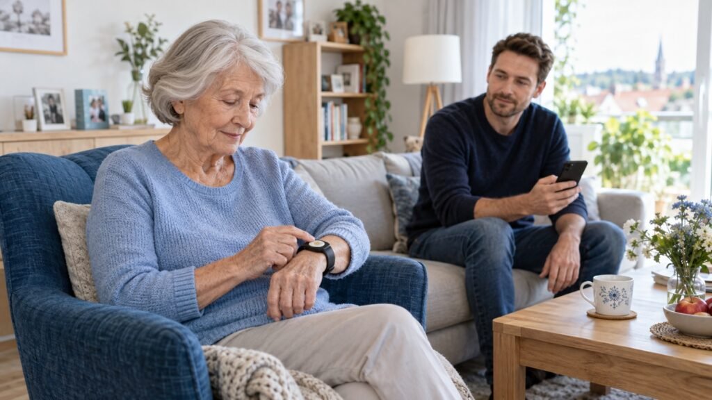Seniorin löst ein einfaches Notrufarmband aus, während ihr Angehöriger die Meldung empfängt