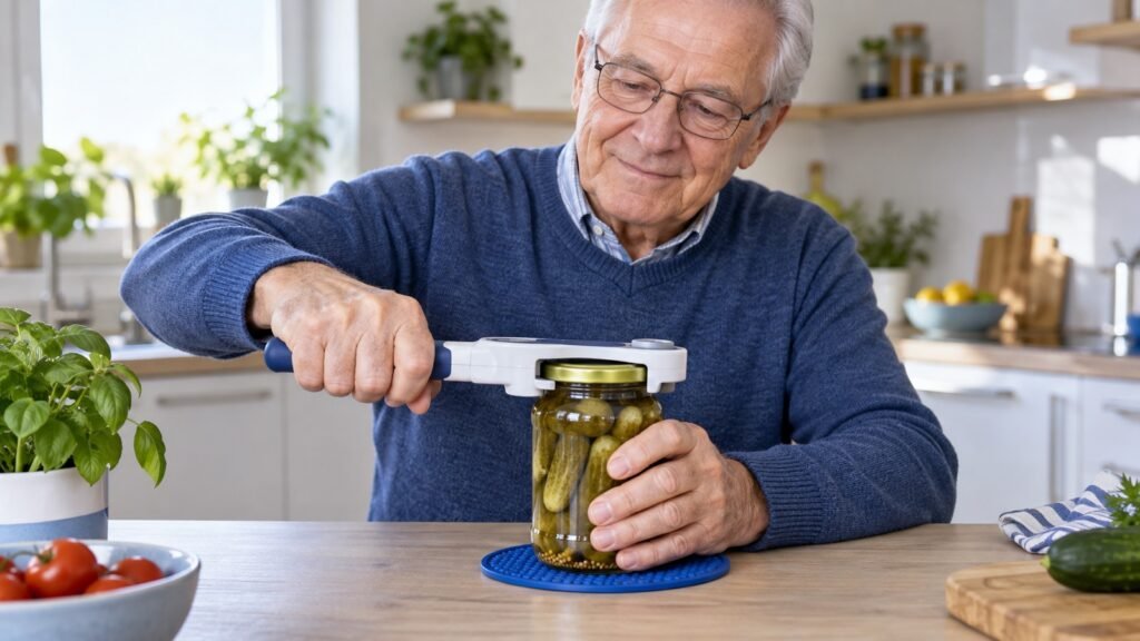 Senior öffnet ein Schraubglas sicher mit einer Hebel-Öffnungshilfe auf einer Antirutschunterlage