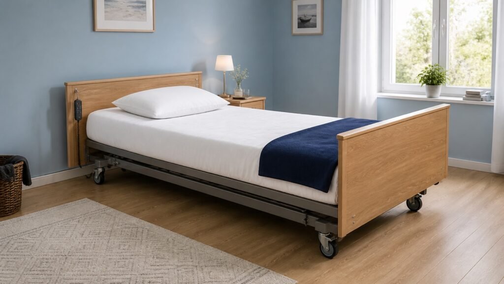 Pflegebett mit elektrischer Verstellung und freier Zugangsfläche in einem hellen Schlafzimmer