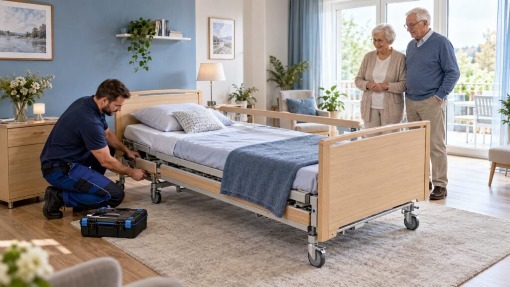 Techniker montiert ein erwachsenengroßes Pflegebett in einem hellen Schlafzimmer