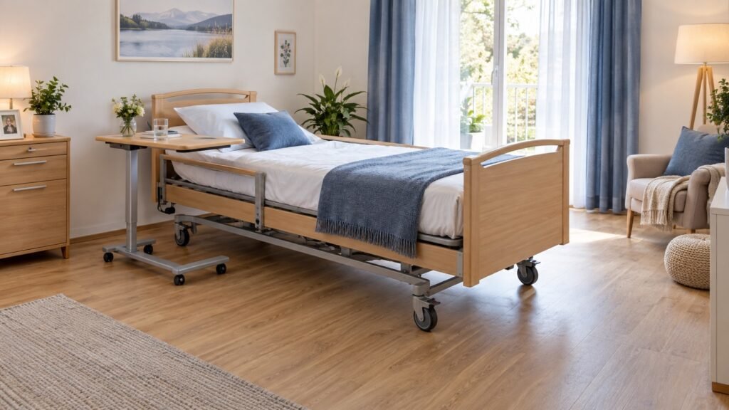 Pflegebett in einem hellen Schlafzimmer mit freien Bewegungsflächen und rollbarem Betttisch