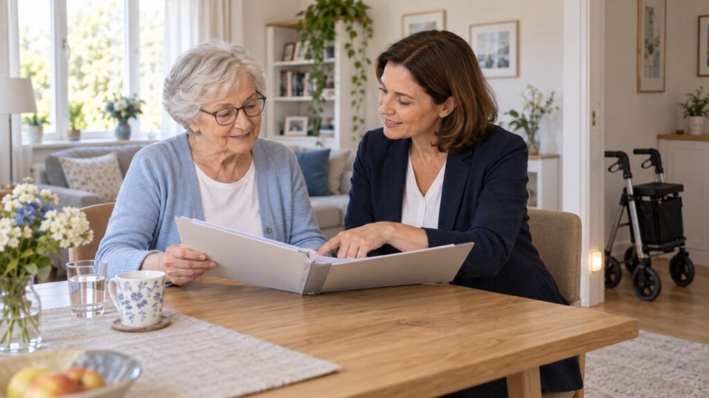 Seniorin bespricht zu Hause verfügbare Alltagshilfen mit einer Pflegeberaterin