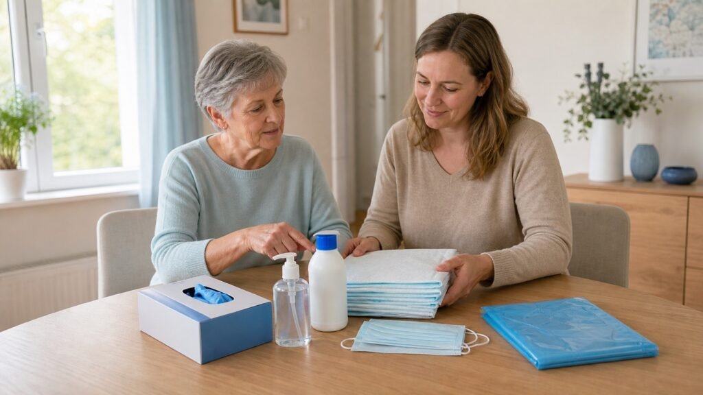 Seniorin und Angehörige ordnen Pflegehilfsmittel auf einem Tisch