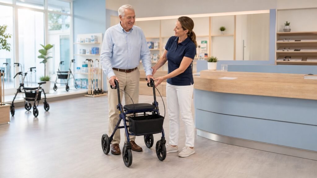 Senior testet mit einer Fachberaterin einen korrekt eingestellten Rollator im Sanitätshaus