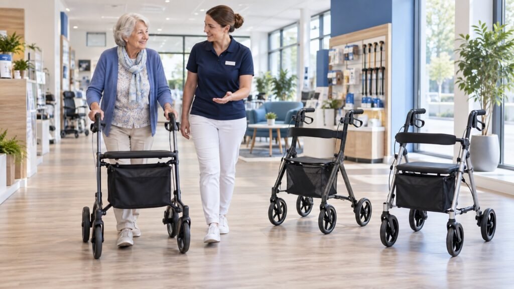 Seniorin testet mit einer Fachberaterin einen Rollator neben zwei weiteren Modellen