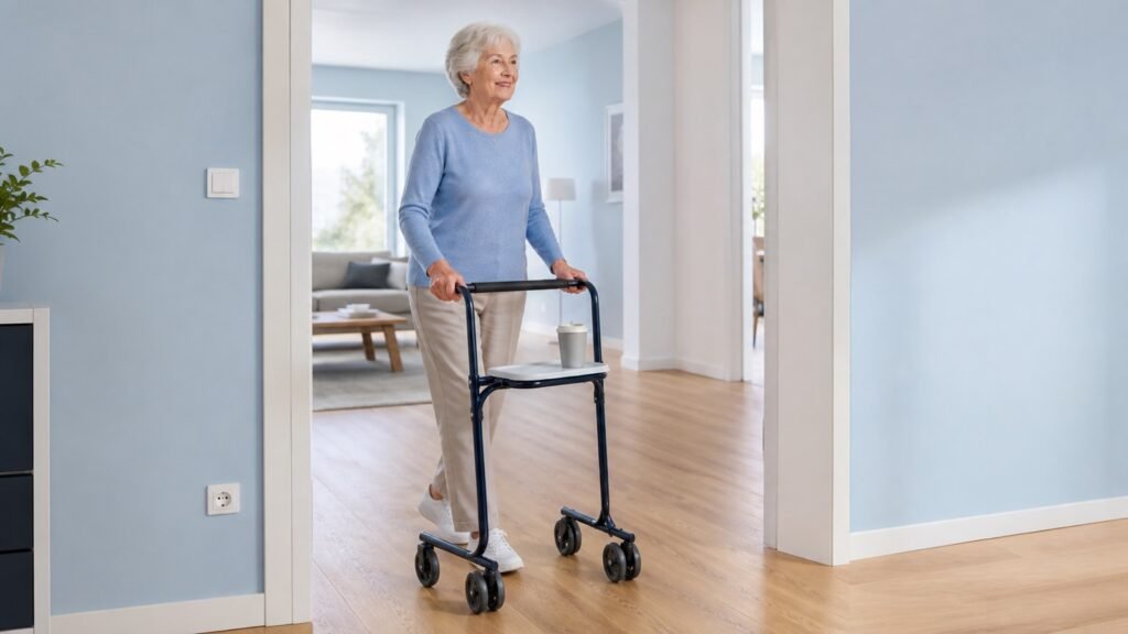 Seniorin nutzt einen schmalen Indoor-Rollator mit Tablett in einer hellen Wohnung