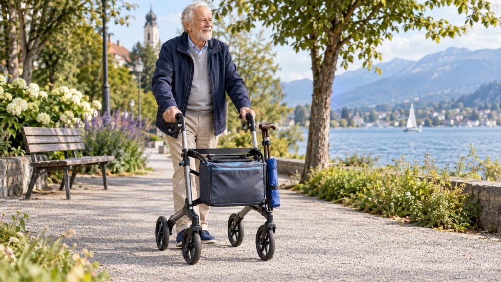 Senior nutzt draußen einen Rollator mit passender Tasche, Stockhalter und verstautem Regenschutz