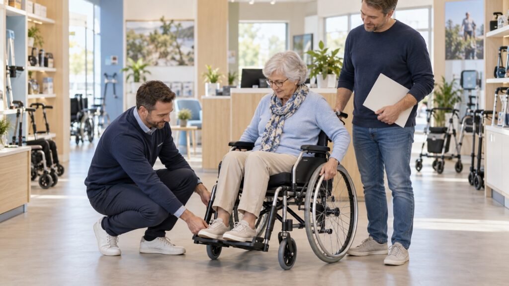 Seniorin testet einen passend eingestellten Rollstuhl im Sanit\u00e4tshaus
