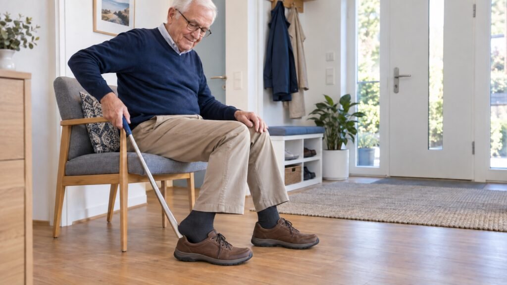 Senior zieht im Sitzen mit einem langen Schuhanzieher einen Alltagsschuh an