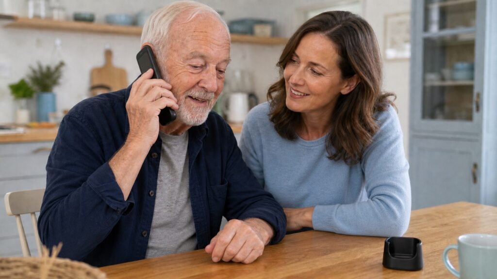Senior telefoniert mit einem Klapphandy neben seiner Tochter am Küchentisch