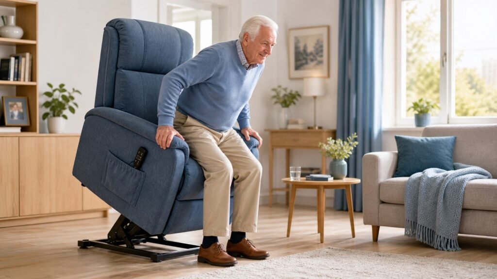 Senior steht mit Unterstützung eines elektrischen Aufstehsessels auf
