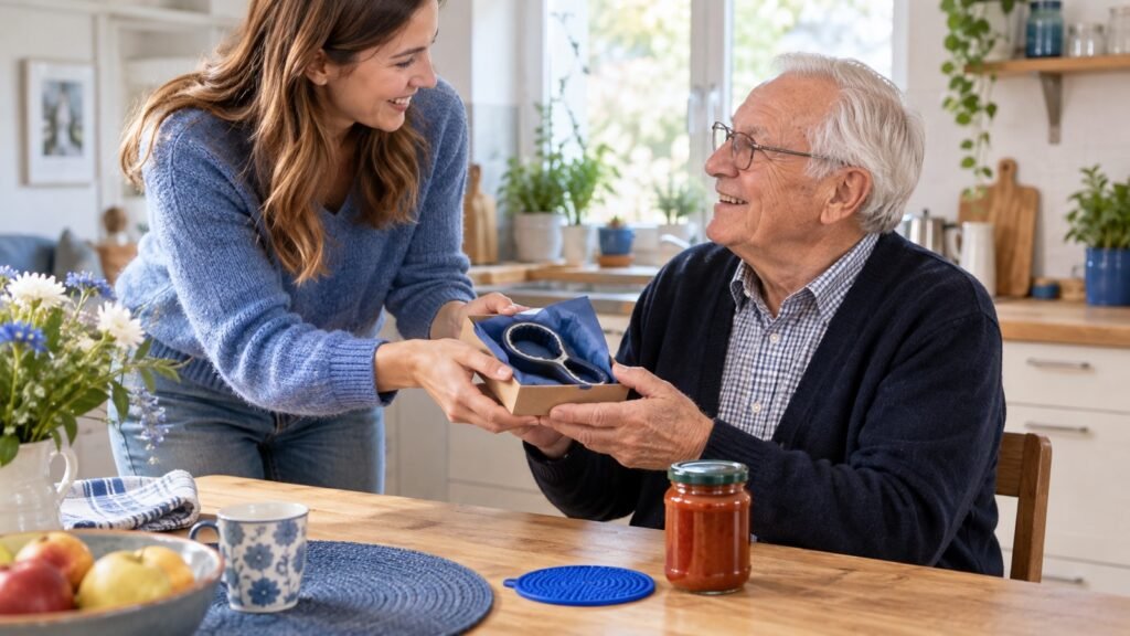 Enkelin schenkt ihrem Großvater eine praktische Öffnungshilfe für Schraubgläser