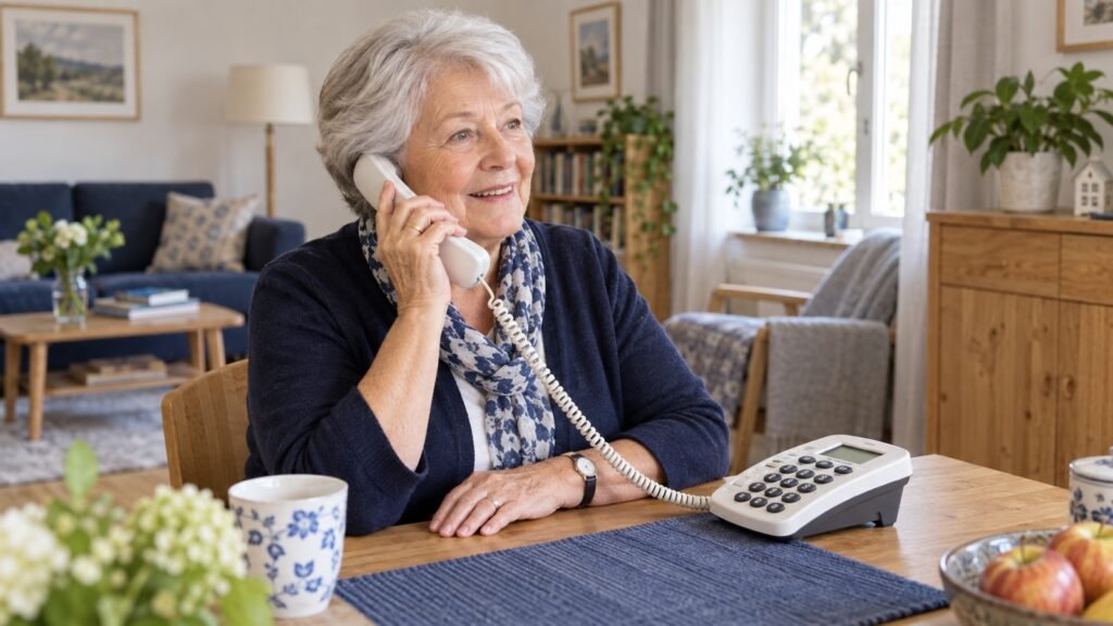 Seniorin telefoniert mit einem schlichten Großtastentelefon ohne Fotodisplay