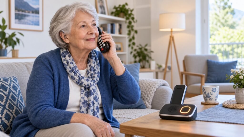 Seniorin mit Hörgerät telefoniert mit einem verstärkten Großtastentelefon