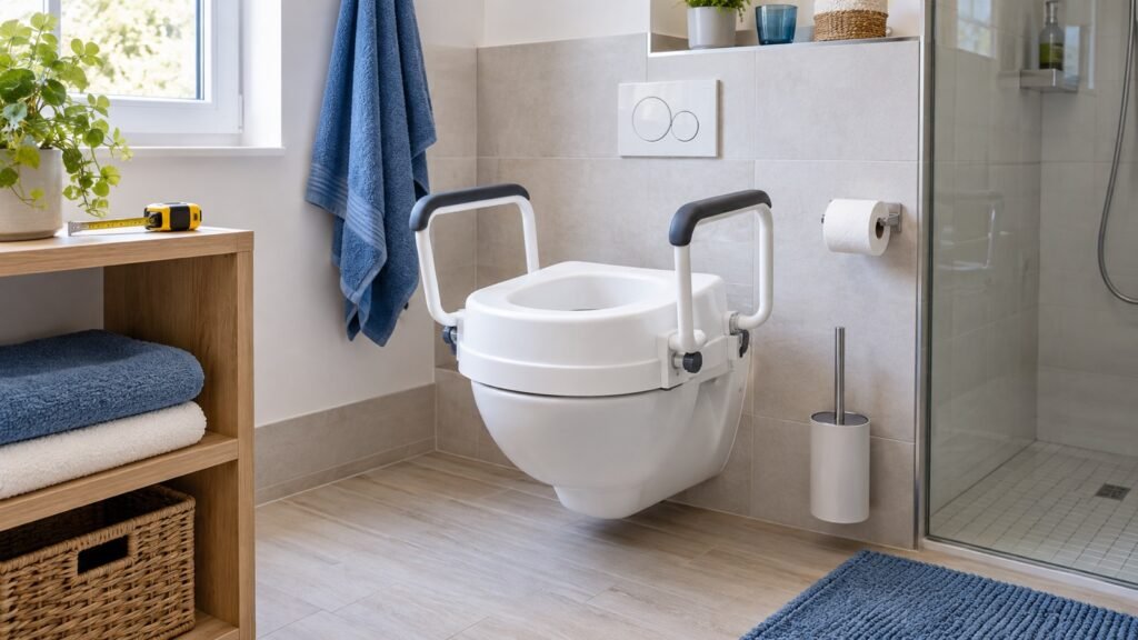 Sicher befestigte Toilettensitzerhöhung mittlerer Höhe mit stabilen seitlichen Armlehnen